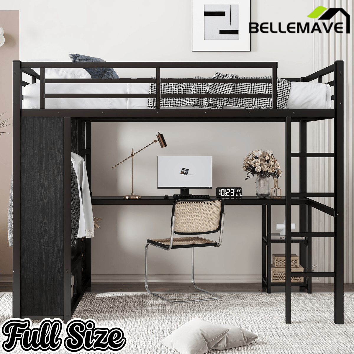 Bellemave® Twin XL Loft Bed with Desk, Storage Shelves, Wardrobe & Hanging Rod, Game Loft Bed with Guardrail and Ladder, Black - Bellemave