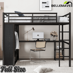Bellemave® Twin XL Loft Bed with Desk, Storage Shelves, Wardrobe & Hanging Rod, Game Loft Bed with Guardrail and Ladder, Black - Bellemave