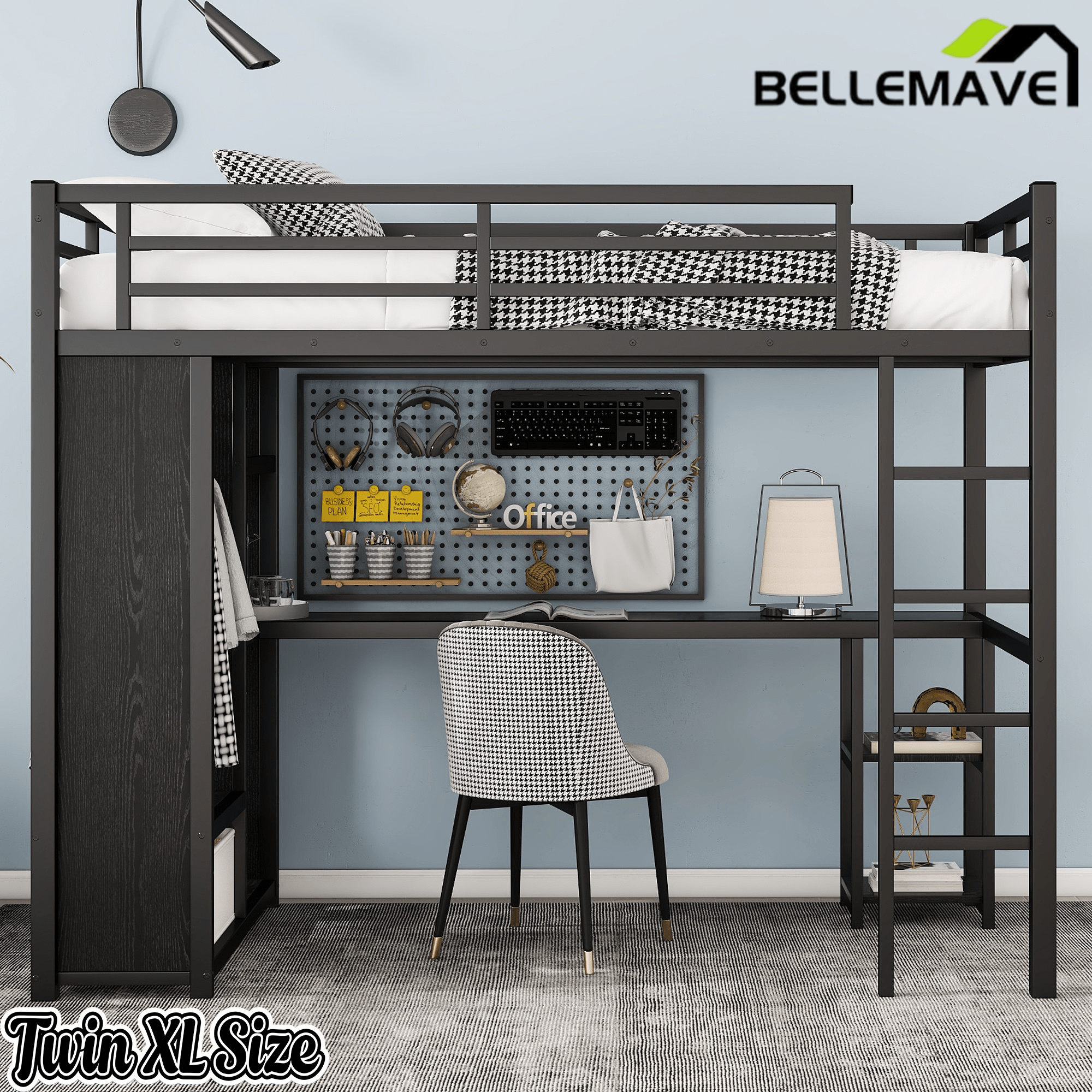 Bellemave® Twin XL Loft Bed with Desk, Storage Shelves, Wardrobe & Hanging Rod, Game Loft Bed with Guardrail and Ladder, Black - Bellemave