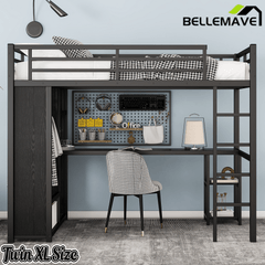 Bellemave® Twin XL Loft Bed with Desk, Storage Shelves, Wardrobe & Hanging Rod, Game Loft Bed with Guardrail and Ladder, Black - Bellemave