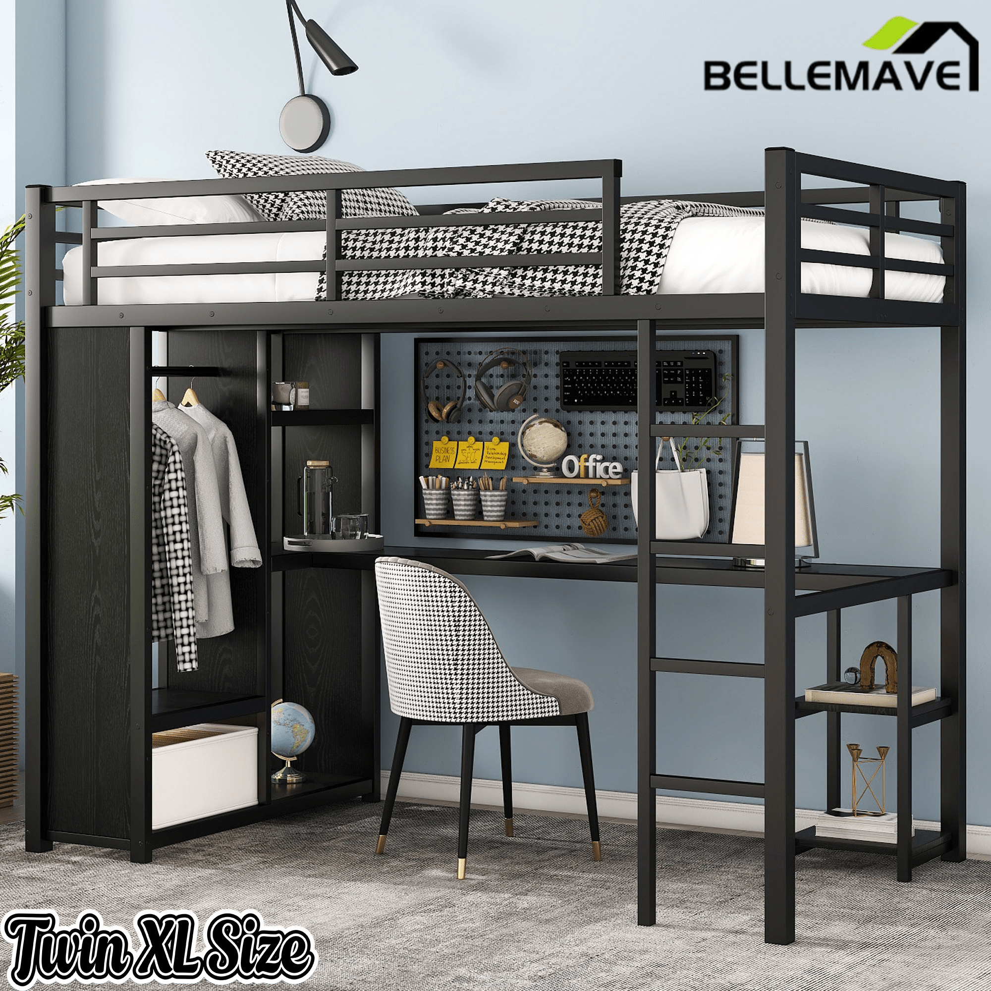Bellemave® Twin XL Loft Bed with Desk, Storage Shelves, Wardrobe & Hanging Rod, Game Loft Bed with Guardrail and Ladder, Black - Bellemave