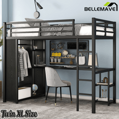 Bellemave® Twin XL Loft Bed with Desk, Storage Shelves, Wardrobe & Hanging Rod, Game Loft Bed with Guardrail and Ladder, Black - Bellemave