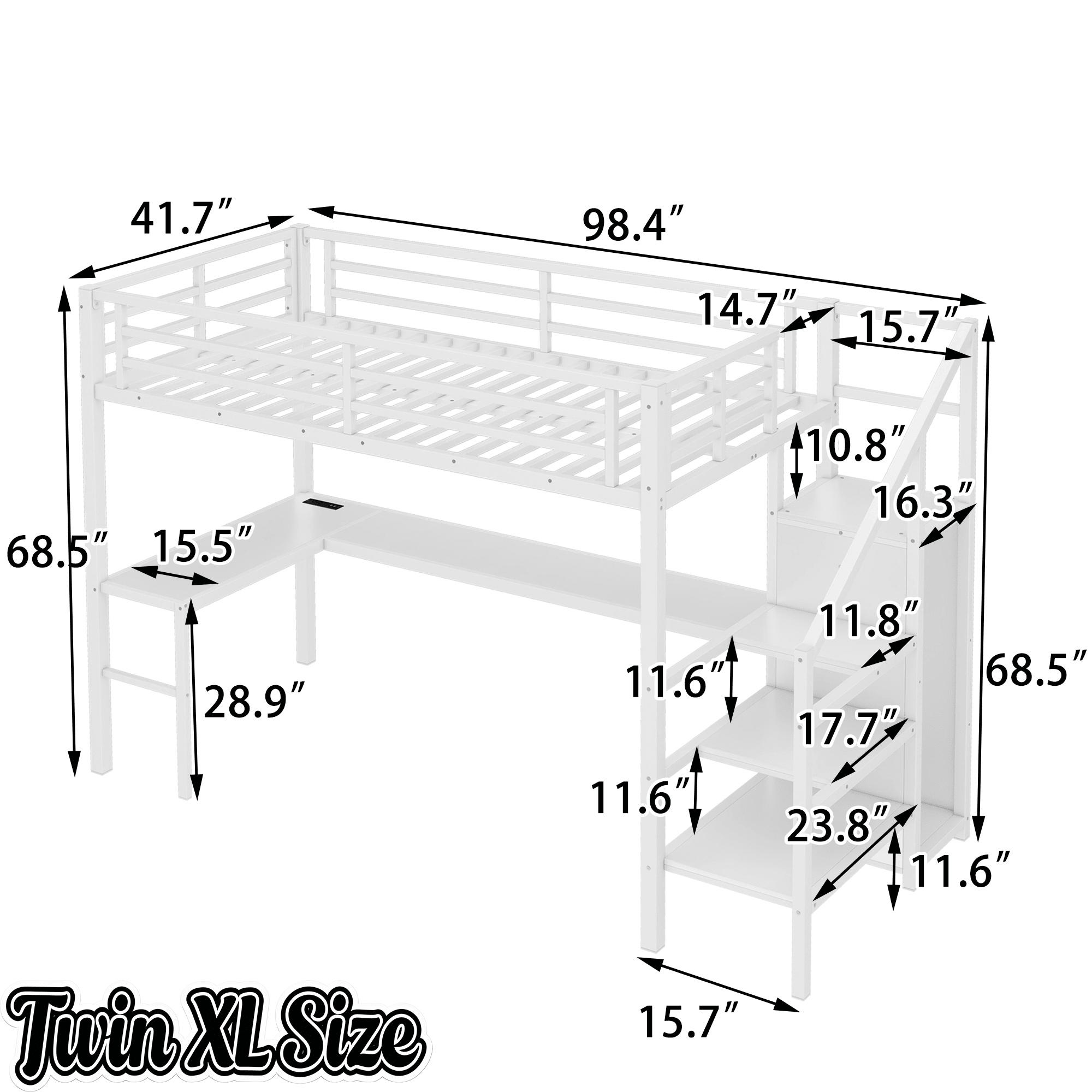 Bellemave® Twin XL Loft Bed with Stairs and Storage, Metal Loft Beds Frame with Wardrobe and Safety Guardrails, Space Saving LED Loft Bed Twin Size for Kids & Teens, No Box Spring Needed, White - Bellemave