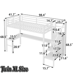 Bellemave® Twin XL Loft Bed with Stairs and Storage, Metal Loft Beds Frame with Wardrobe and Safety Guardrails, Space Saving LED Loft Bed Twin Size for Kids & Teens, No Box Spring Needed, White - Bellemave
