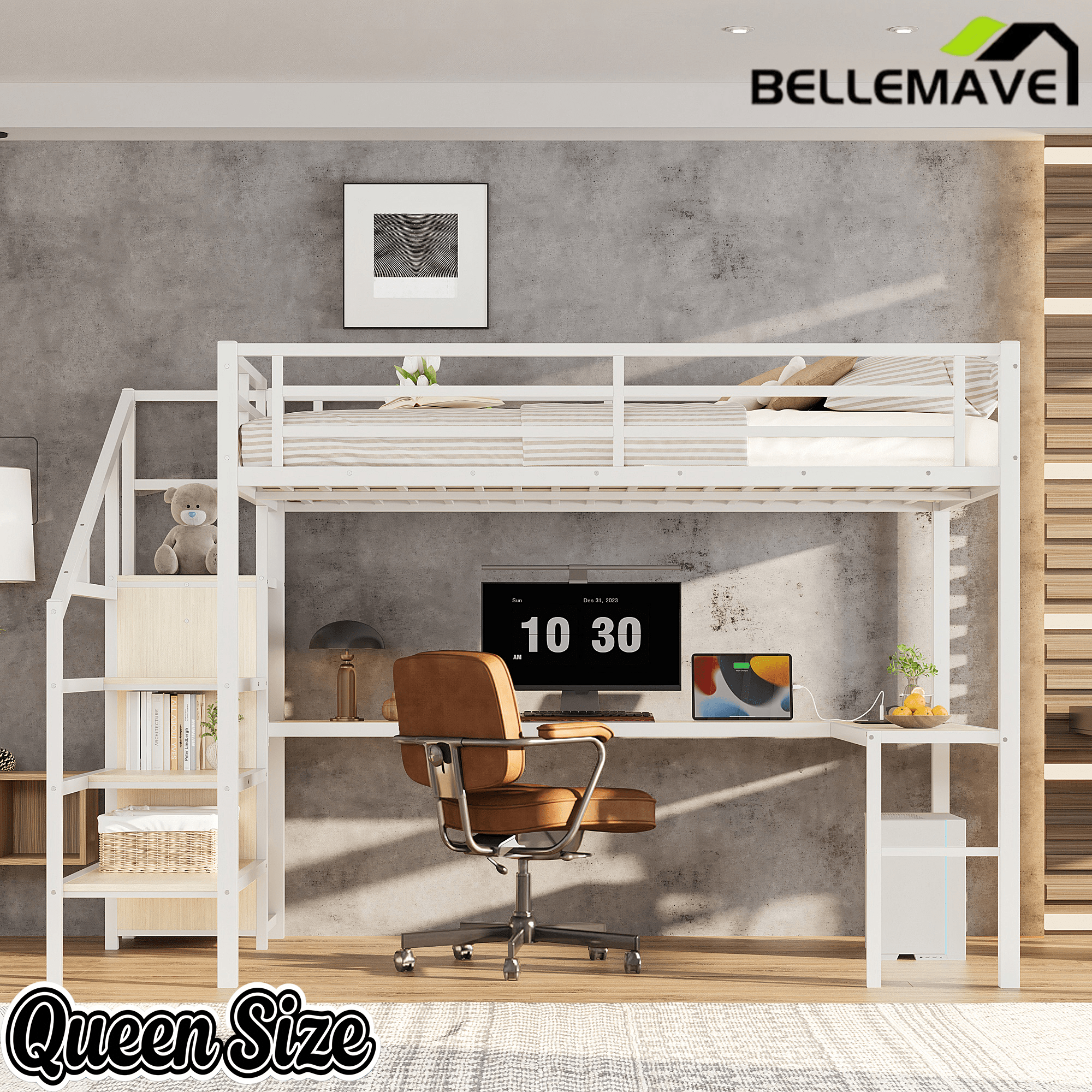 Bellemave® Twin XL Loft Bed with Stairs and Storage, Metal Loft Beds Frame with Wardrobe and Safety Guardrails, Space Saving LED Loft Bed Twin Size for Kids & Teens, No Box Spring Needed, White - Bellemave