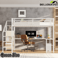 Bellemave® Twin XL Loft Bed with Stairs and Storage, Metal Loft Beds Frame with Wardrobe and Safety Guardrails, Space Saving LED Loft Bed Twin Size for Kids & Teens, No Box Spring Needed, White - Bellemave