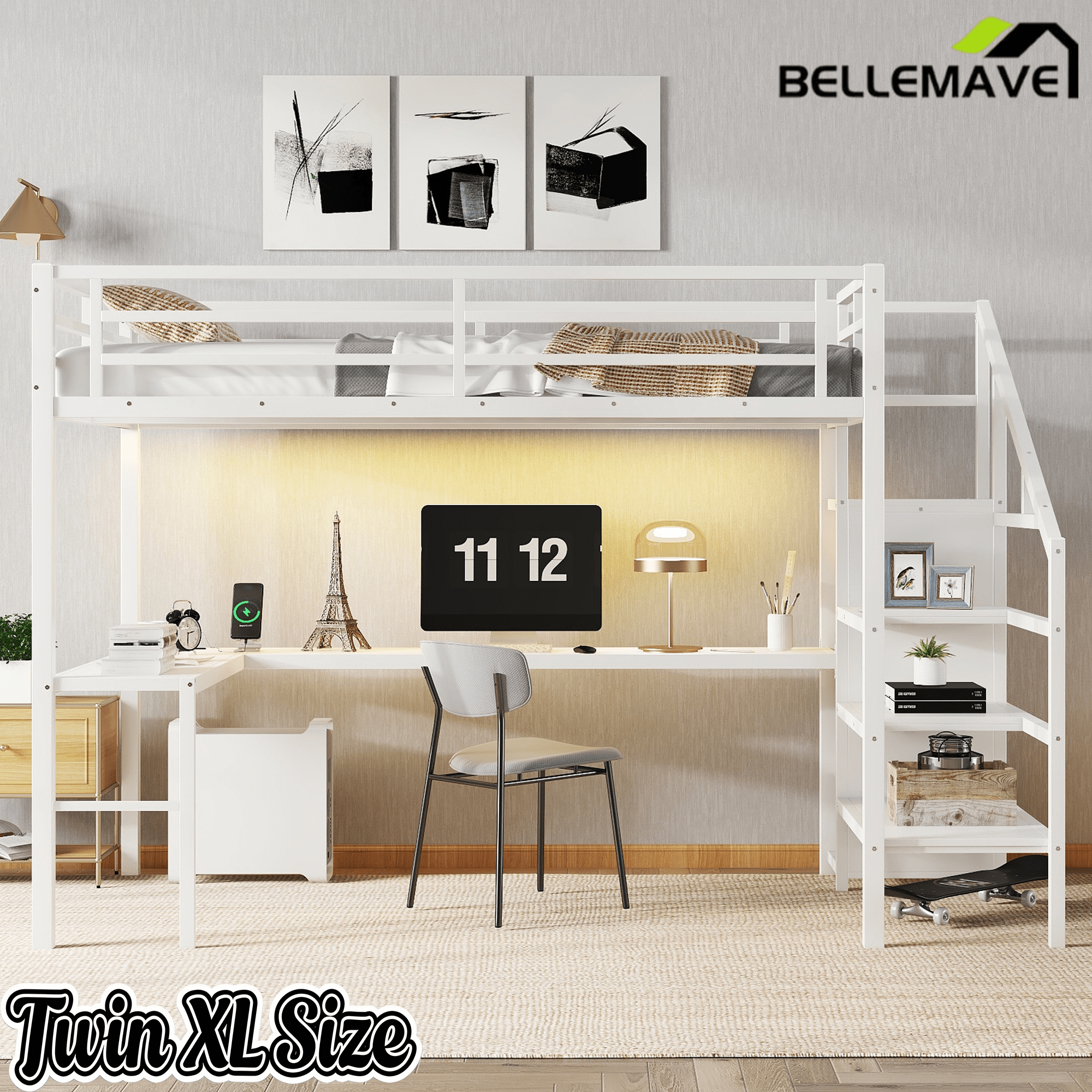 Bellemave® Twin XL Loft Bed with Stairs and Storage, Metal Loft Beds Frame with Wardrobe and Safety Guardrails, Space Saving LED Loft Bed Twin Size for Kids & Teens, No Box Spring Needed, White - Bellemave
