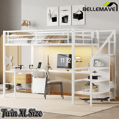 Bellemave® Twin XL Loft Bed with Stairs and Storage, Metal Loft Beds Frame with Wardrobe and Safety Guardrails, Space Saving LED Loft Bed Twin Size for Kids & Teens, No Box Spring Needed, White - Bellemave