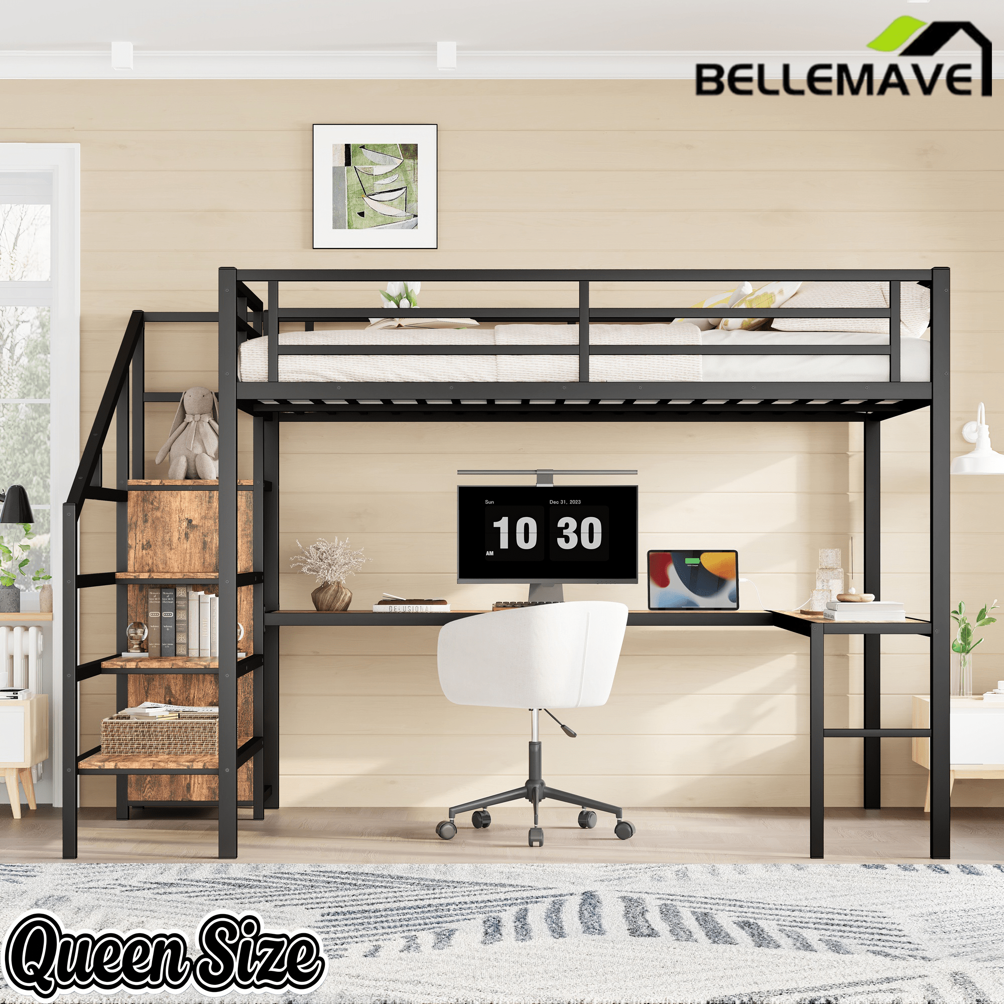 Bellemave® Twin XL Loft Bed with Stairs and Storage, Metal Loft Beds Frame with Wardrobe and Safety Guardrails, Space Saving LED Loft Bed Twin Size for Kids & Teens, No Box Spring Needed, White - Bellemave