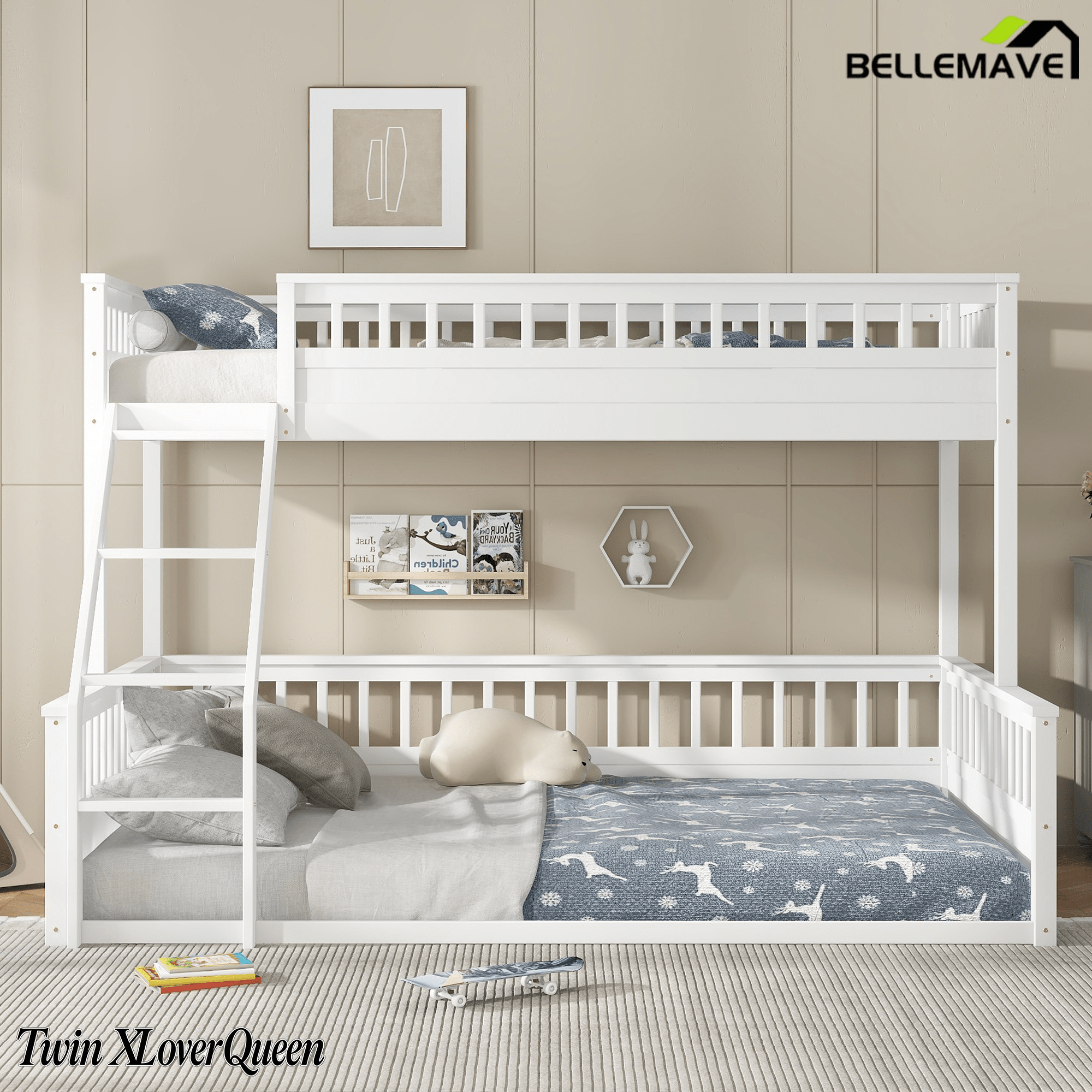 Bellemave® Twin XL Over Queen Bunk Bed for Kids/Adults,Floor Bunk Beds with Inclined Ladder,Solid Wood Low Bunk Bed for Teens, Girls, Boys,Detachable,Natural - Bellemave
