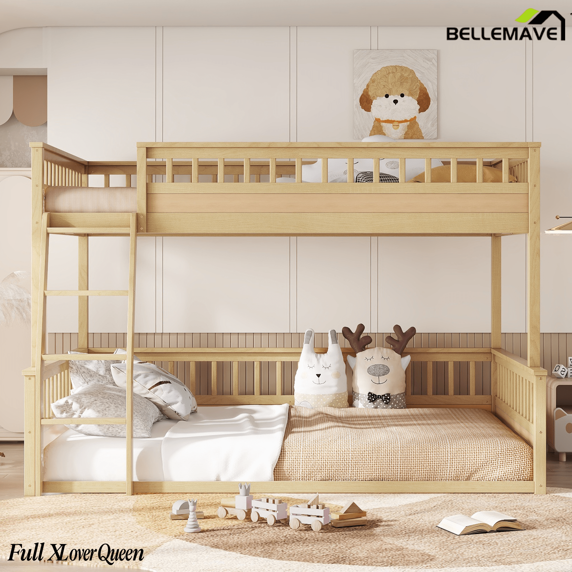 Bellemave® Twin XL Over Queen Bunk Bed for Kids/Adults,Floor Bunk Beds with Inclined Ladder,Solid Wood Low Bunk Bed for Teens, Girls, Boys,Detachable,Natural - Bellemave