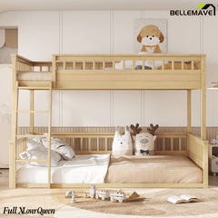 Bellemave® Twin XL Over Queen Bunk Bed for Kids/Adults,Floor Bunk Beds with Inclined Ladder,Solid Wood Low Bunk Bed for Teens, Girls, Boys,Detachable,Natural - Bellemave