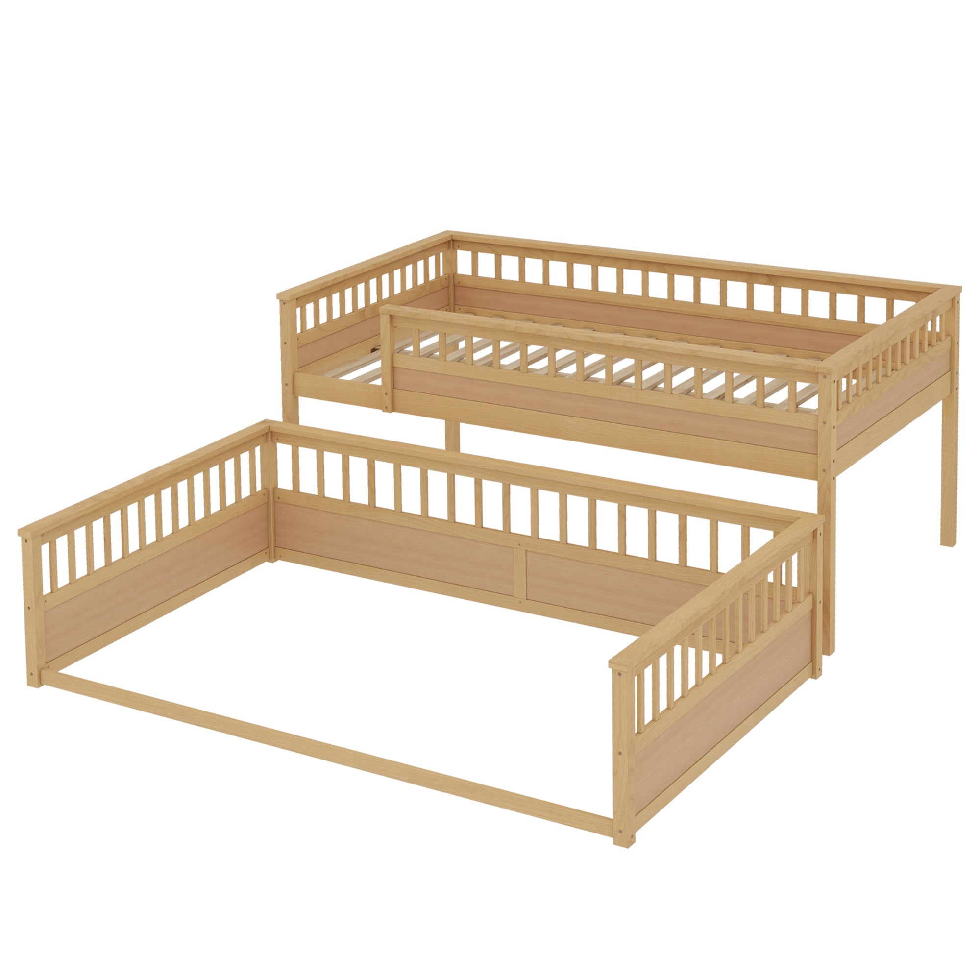 Bellemave® Twin XL Over Queen Bunk Bed for Kids/Adults,Floor Bunk Beds with Inclined Ladder,Solid Wood Low Bunk Bed for Teens, Girls, Boys,Detachable,Natural - Bellemave