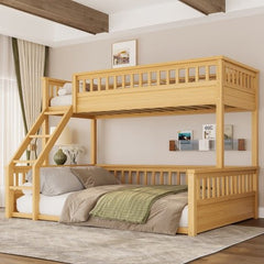Bellemave® Twin XL Over Queen Bunk Bed for Kids/Adults,Floor Bunk Beds with Inclined Ladder,Solid Wood Low Bunk Bed for Teens, Girls, Boys,Detachable,Natural - Bellemave