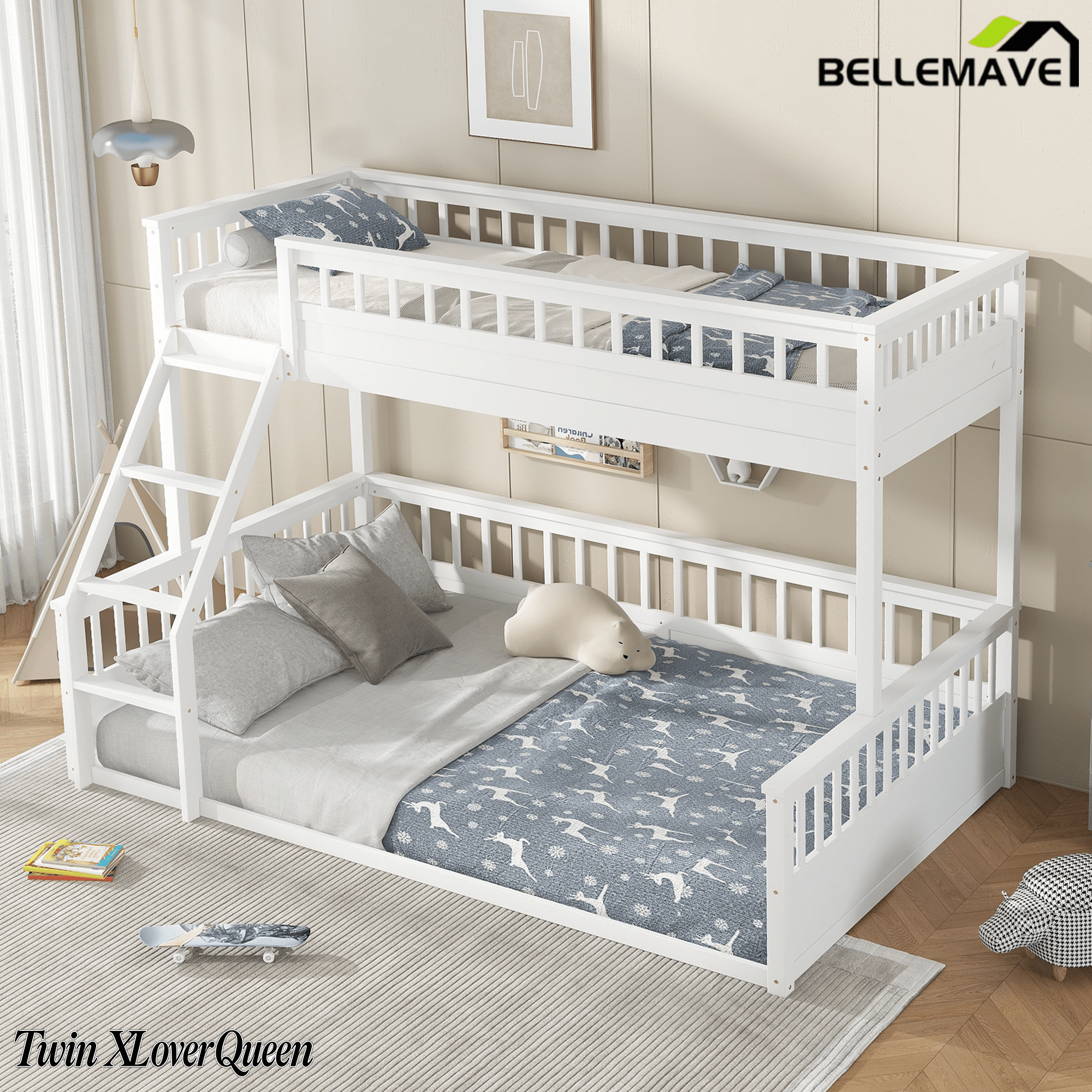 Bellemave® Twin XL Over Queen Bunk Bed for Kids/Adults,Floor Bunk Beds with Inclined Ladder,Solid Wood Low Bunk Bed for Teens, Girls, Boys,Detachable,Natural - Bellemave