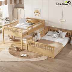 Bellemave® Twin XL Over Queen Bunk Bed for Kids/Adults,Floor Bunk Beds with Inclined Ladder,Solid Wood Low Bunk Bed for Teens, Girls, Boys,Detachable,Natural - Bellemave