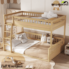 Bellemave® Twin XL Over Queen Bunk Bed for Kids/Adults,Floor Bunk Beds with Inclined Ladder,Solid Wood Low Bunk Bed for Teens, Girls, Boys,Detachable,Natural - Bellemave