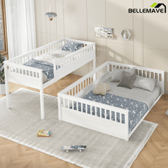 Bellemave® Twin XL Over Queen Bunk Bed for Kids/Adults,Floor Bunk Beds with Inclined Ladder,Solid Wood Low Bunk Bed for Teens, Girls, Boys,Detachable,Natural - Bellemave