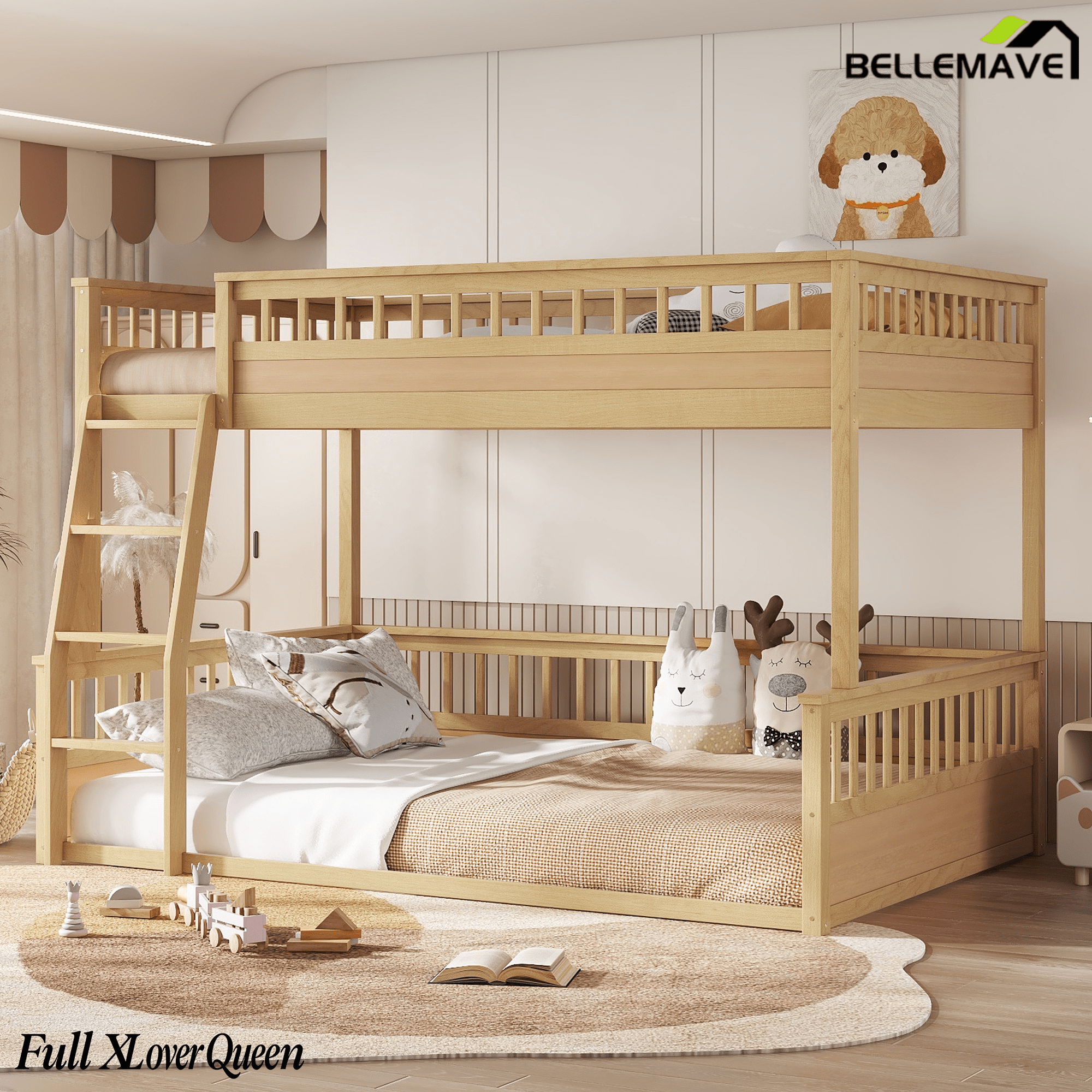 Bellemave® Twin XL Over Queen Bunk Bed for Kids/Adults,Floor Bunk Beds with Inclined Ladder,Solid Wood Low Bunk Bed for Teens, Girls, Boys,Detachable,Natural - Bellemave