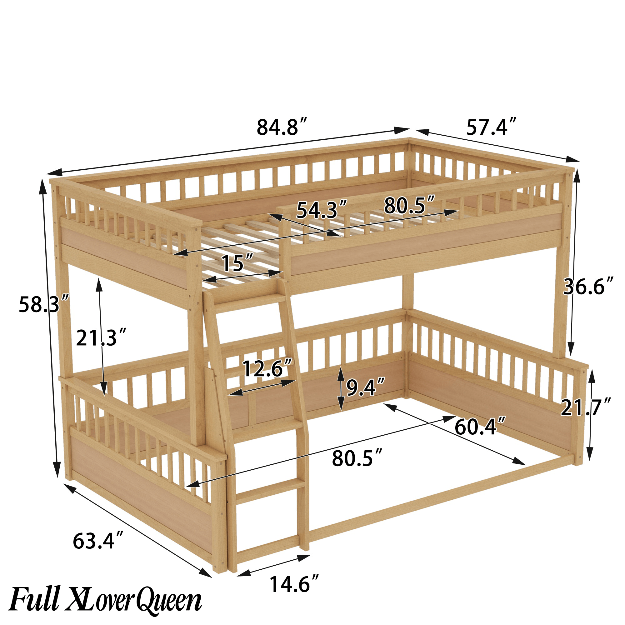 Bellemave® Twin XL Over Queen Bunk Bed for Kids/Adults,Floor Bunk Beds with Inclined Ladder,Solid Wood Low Bunk Bed for Teens, Girls, Boys,Detachable,Natural - Bellemave