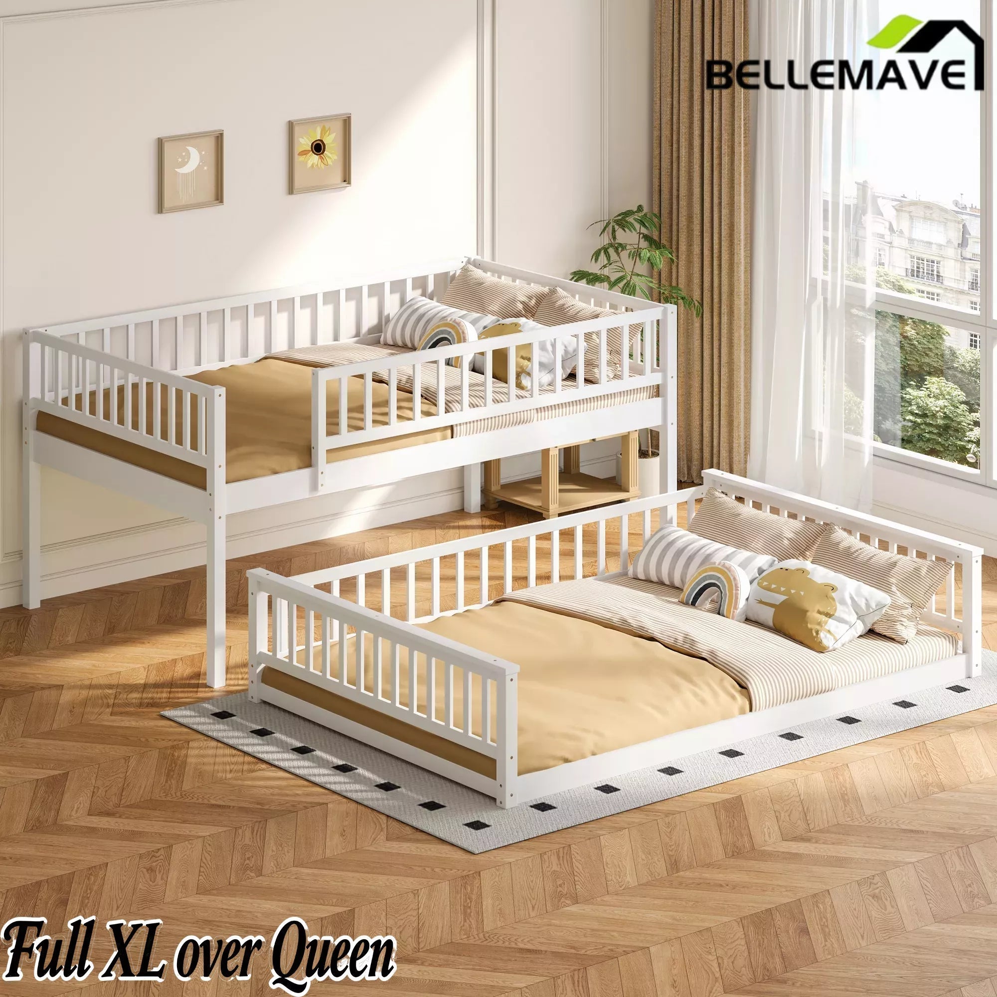 Bellemave® Twin XL over Queen Bunk Bed with Ladder and Guardrails - Bellemave