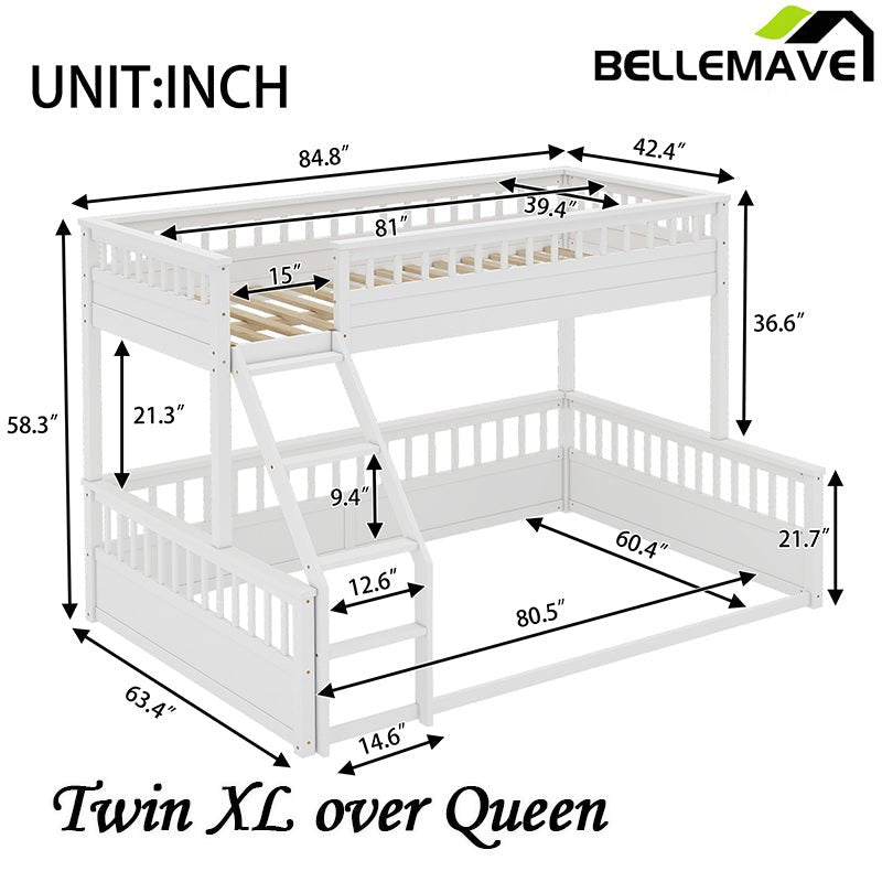Bellemave® Twin XL over Queen Bunk Bed with Ladder and Guardrails - Bellemave
