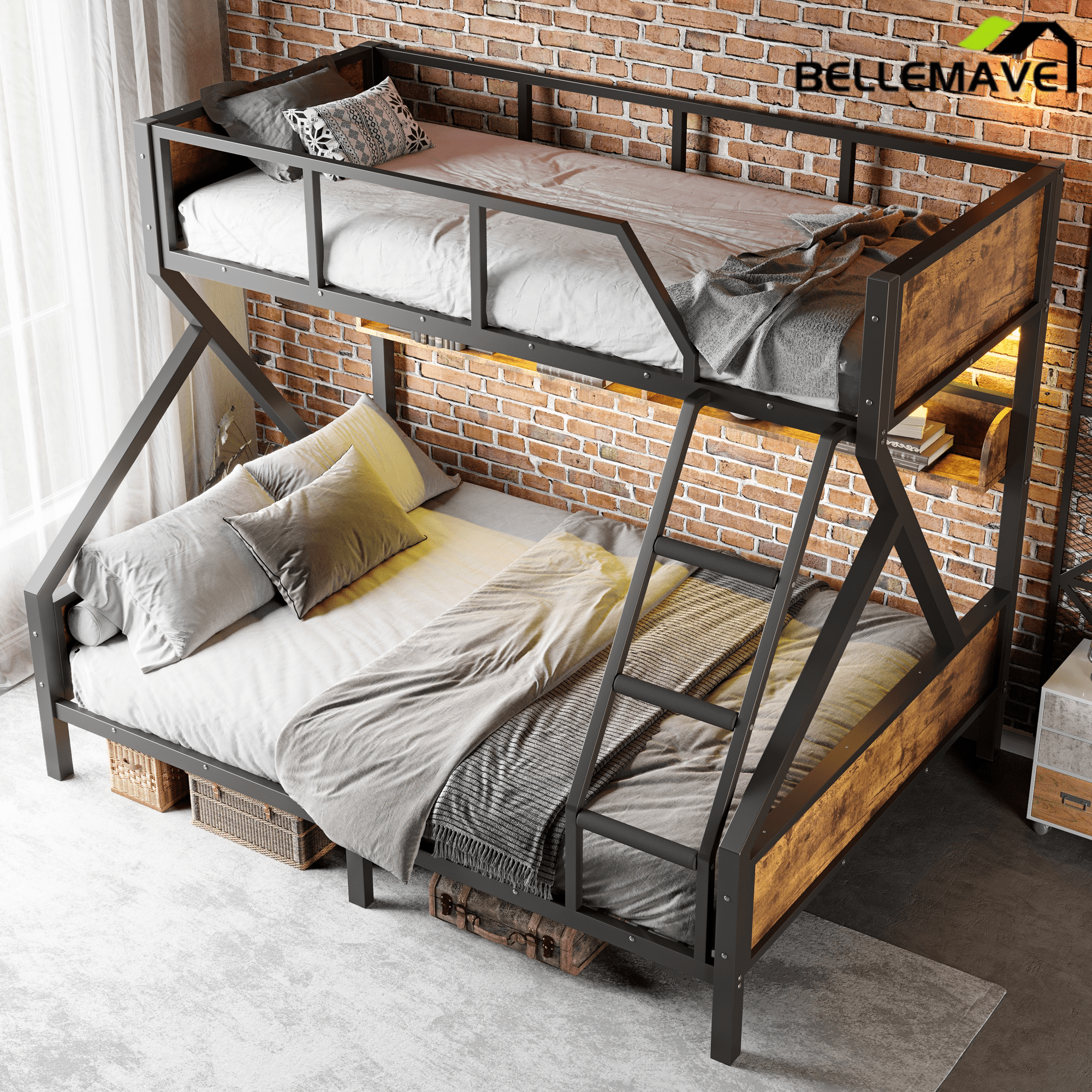Bellemave® Twin XL Over Queen Bunk Bed with Storage Shelves and LED Lights, Metal Bunk Beds with Ladders, Black - Bellemave