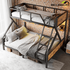Bellemave® Twin XL Over Queen Bunk Bed with Storage Shelves and LED Lights, Metal Bunk Beds with Ladders, Black - Bellemave