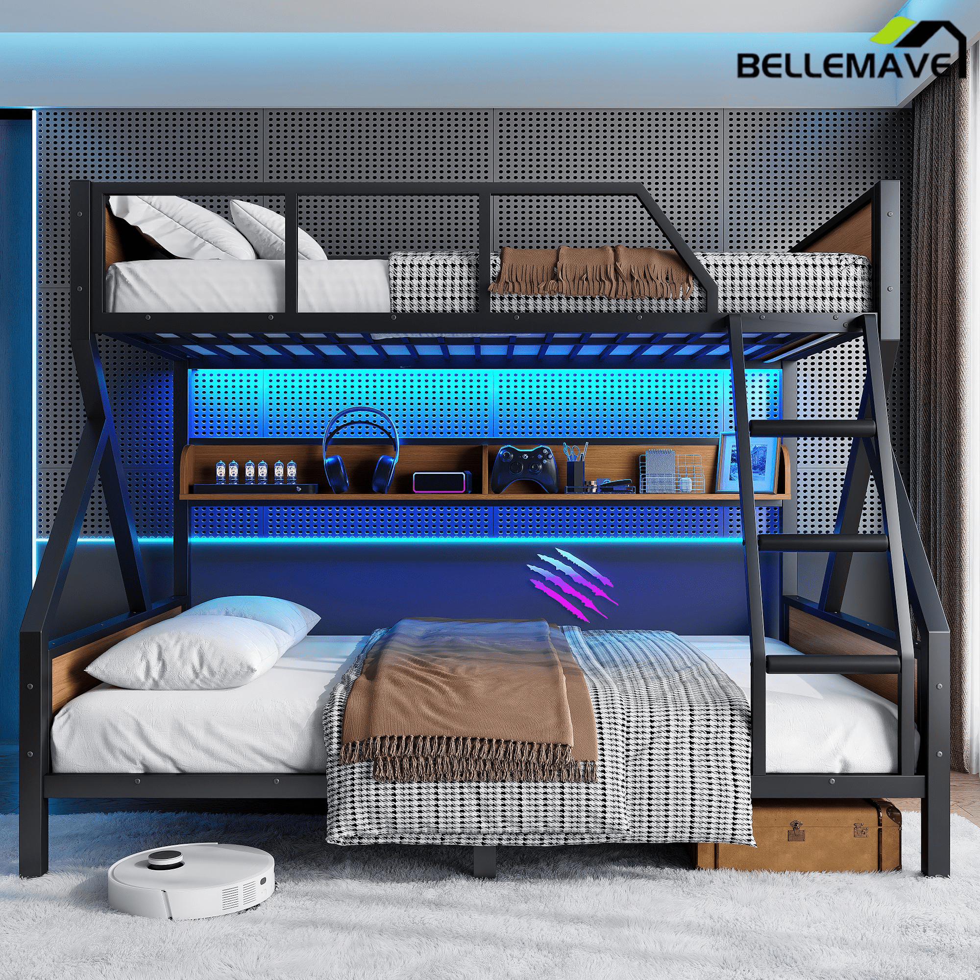 Bellemave® Twin XL Over Queen Bunk Bed with Storage Shelves and LED Lights, Metal Bunk Beds with Ladders, Black - Bellemave
