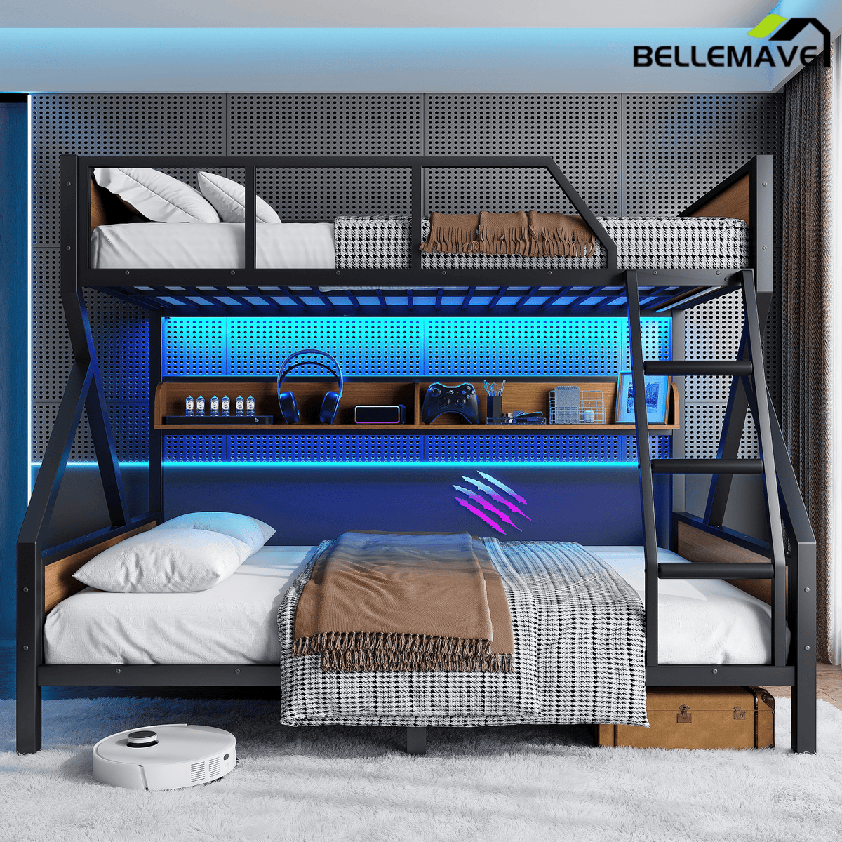 Bellemave® Twin XL Over Queen Bunk Bed with Storage Shelves and LED Lights, Metal Bunk Beds with Ladders, Black - Bellemave