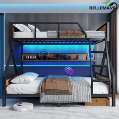 Bellemave® Twin XL Over Queen Bunk Bed with Storage Shelves and LED Lights, Metal Bunk Beds with Ladders, Black - Bellemave