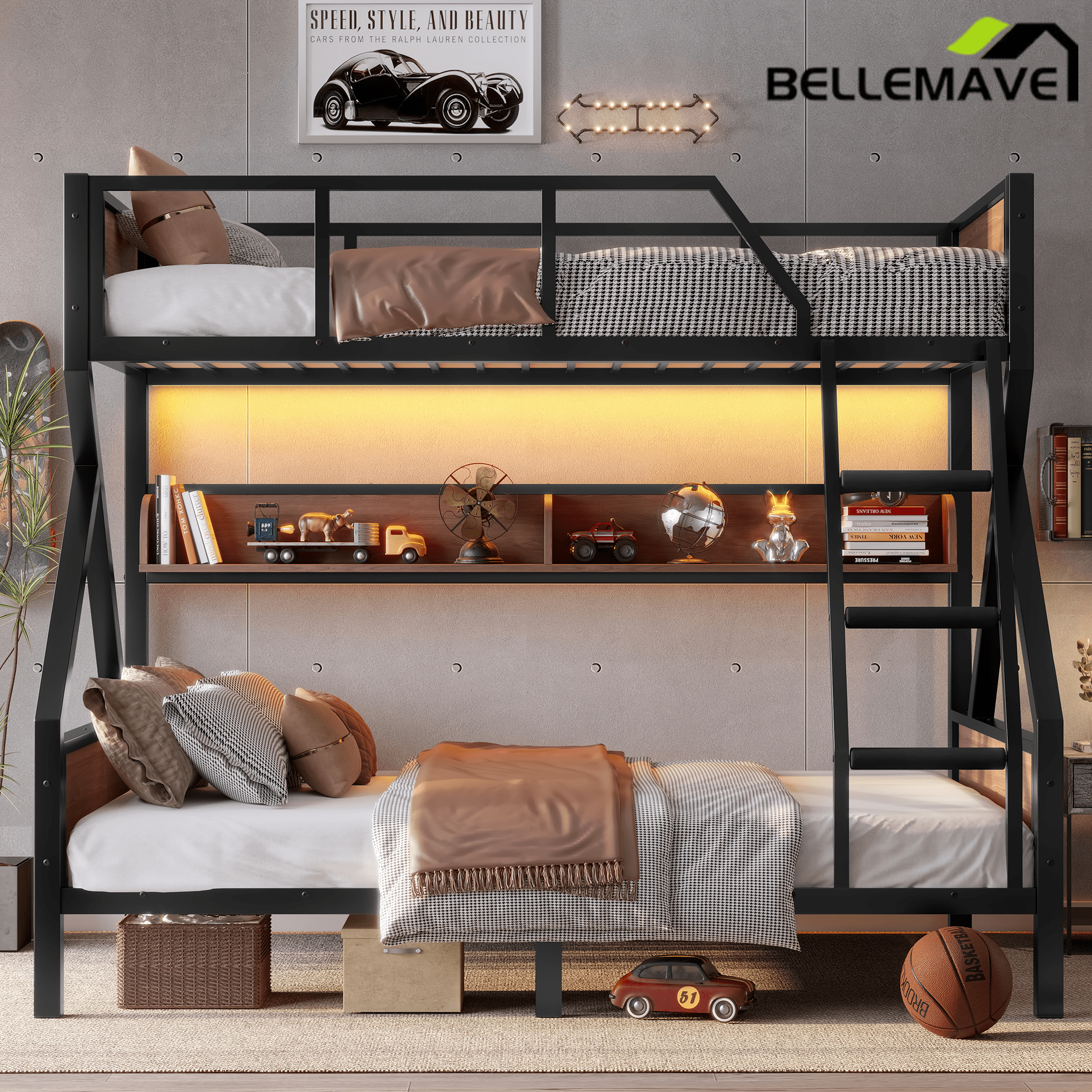 Bellemave® Twin XL Over Queen Bunk Bed with Storage Shelves and LED Lights, Metal Bunk Beds with Ladders, Black - Bellemave