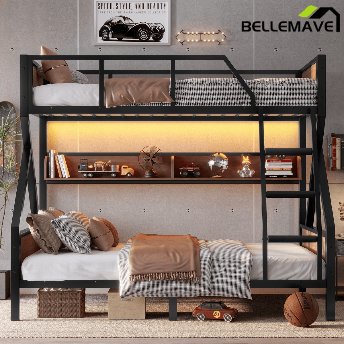 Bellemave® Twin XL Over Queen Bunk Bed with Storage Shelves and LED Lights, Metal Bunk Beds with Ladders, Black - Bellemave
