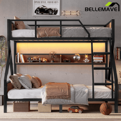 Bellemave® Twin XL Over Queen Bunk Bed with Storage Shelves and LED Lights, Metal Bunk Beds with Ladders, Black - Bellemave