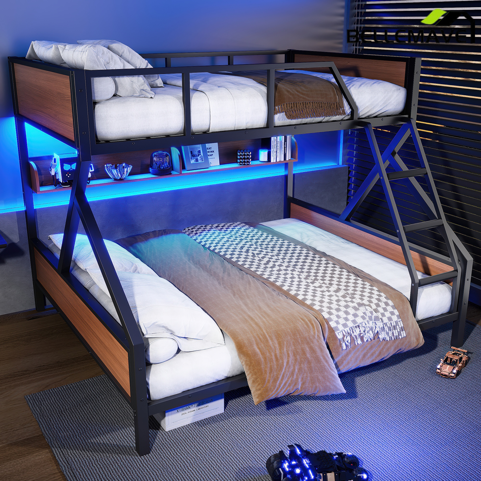 Bellemave® Twin XL Over Queen Bunk Bed with Storage Shelves and LED Lights, Metal Bunk Beds with Ladders, Black - Bellemave