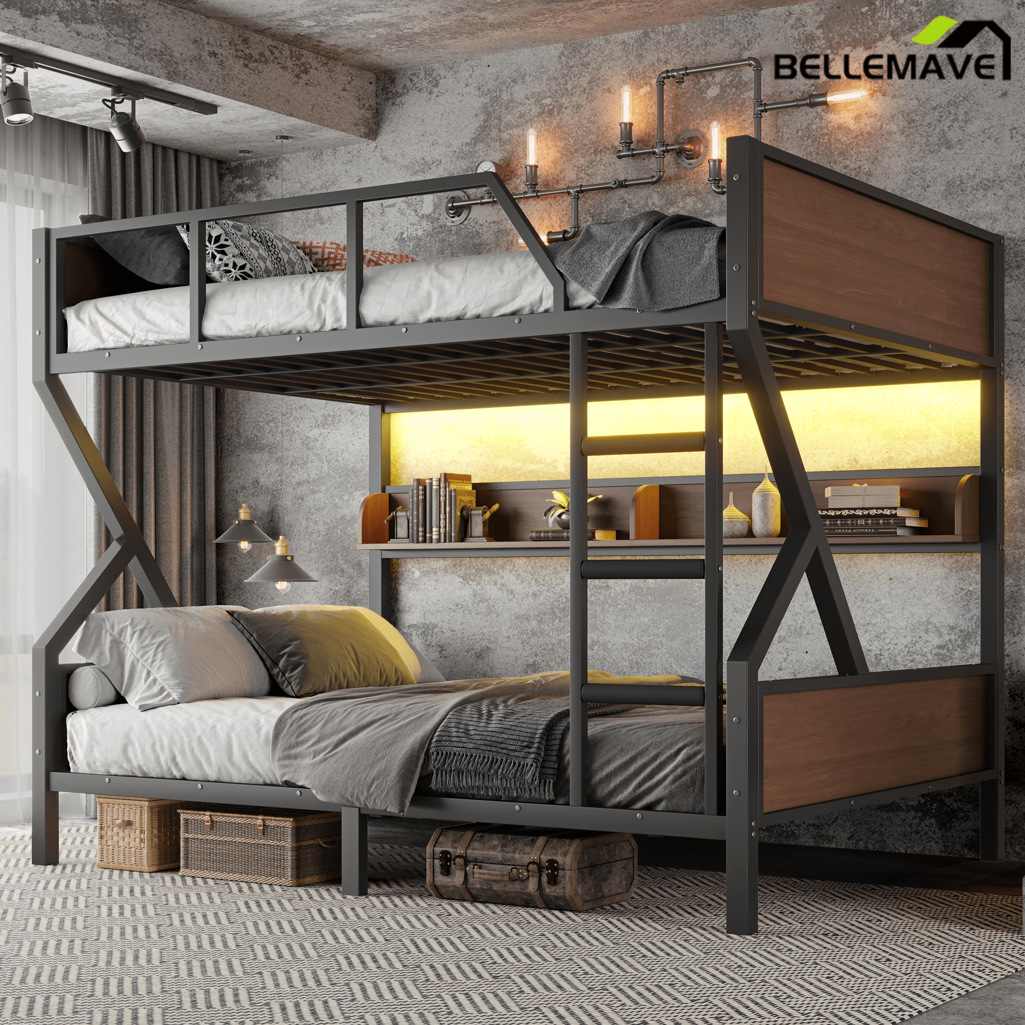 Bellemave® Twin XL Over Queen Bunk Bed with Storage Shelves and LED Lights, Metal Bunk Beds with Ladders, Black - Bellemave