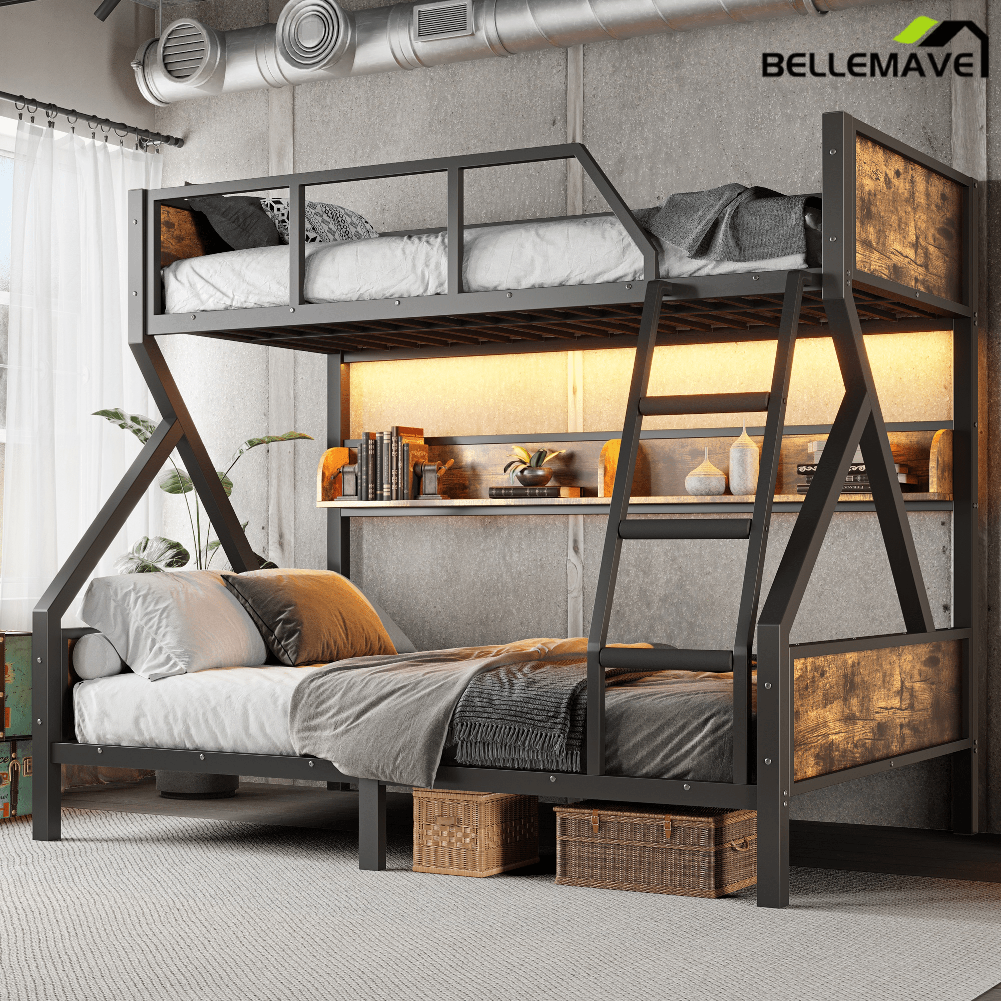 Bellemave® Twin XL Over Queen Bunk Bed with Storage Shelves and LED Lights, Metal Bunk Beds with Ladders, Black - Bellemave