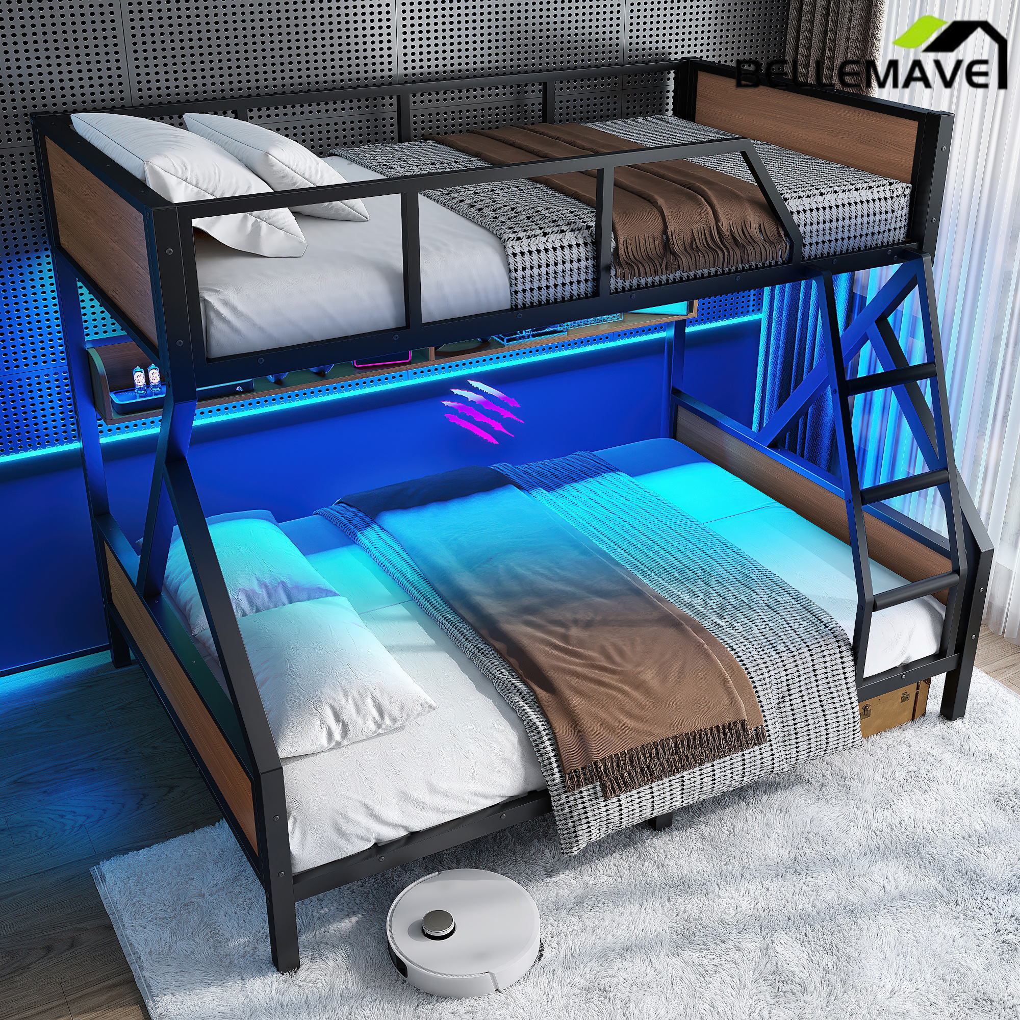Bellemave® Twin XL Over Queen Bunk Bed with Storage Shelves and LED Lights, Metal Bunk Beds with Ladders, Black - Bellemave