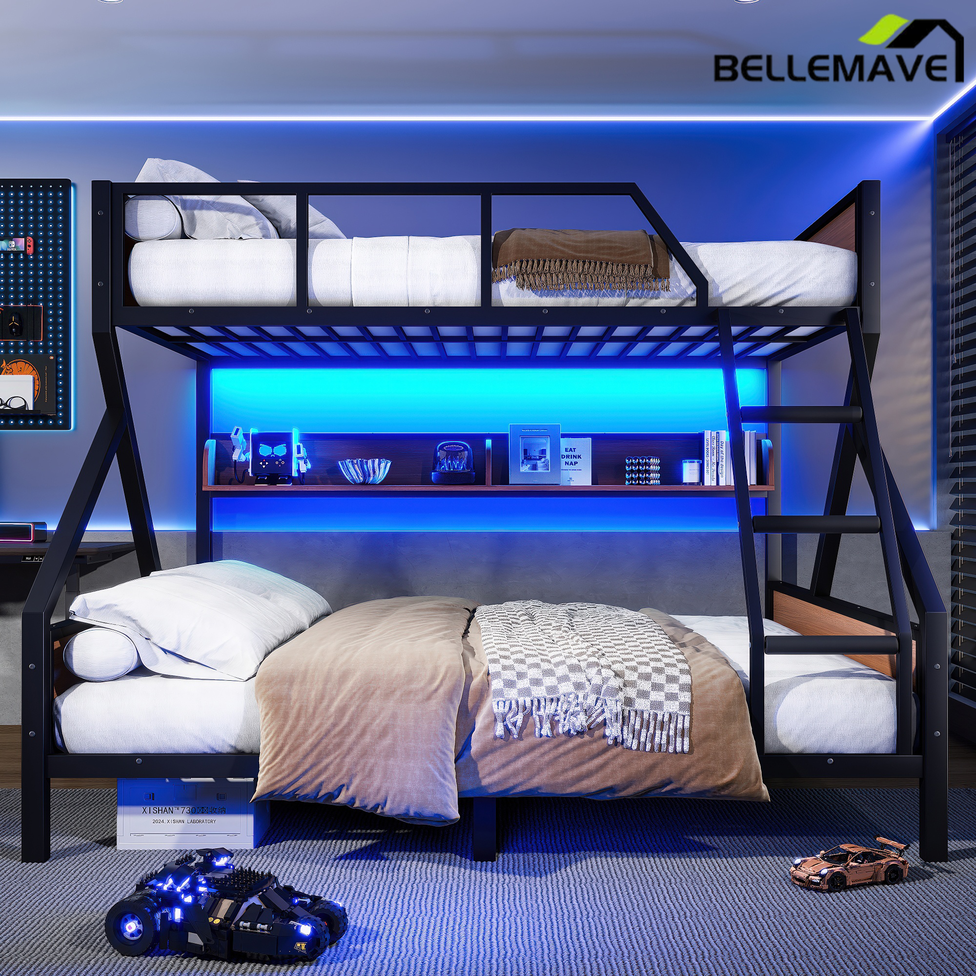 Bellemave® Twin XL Over Queen Bunk Bed with Storage Shelves and LED Lights, Metal Bunk Beds with Ladders, Black - Bellemave