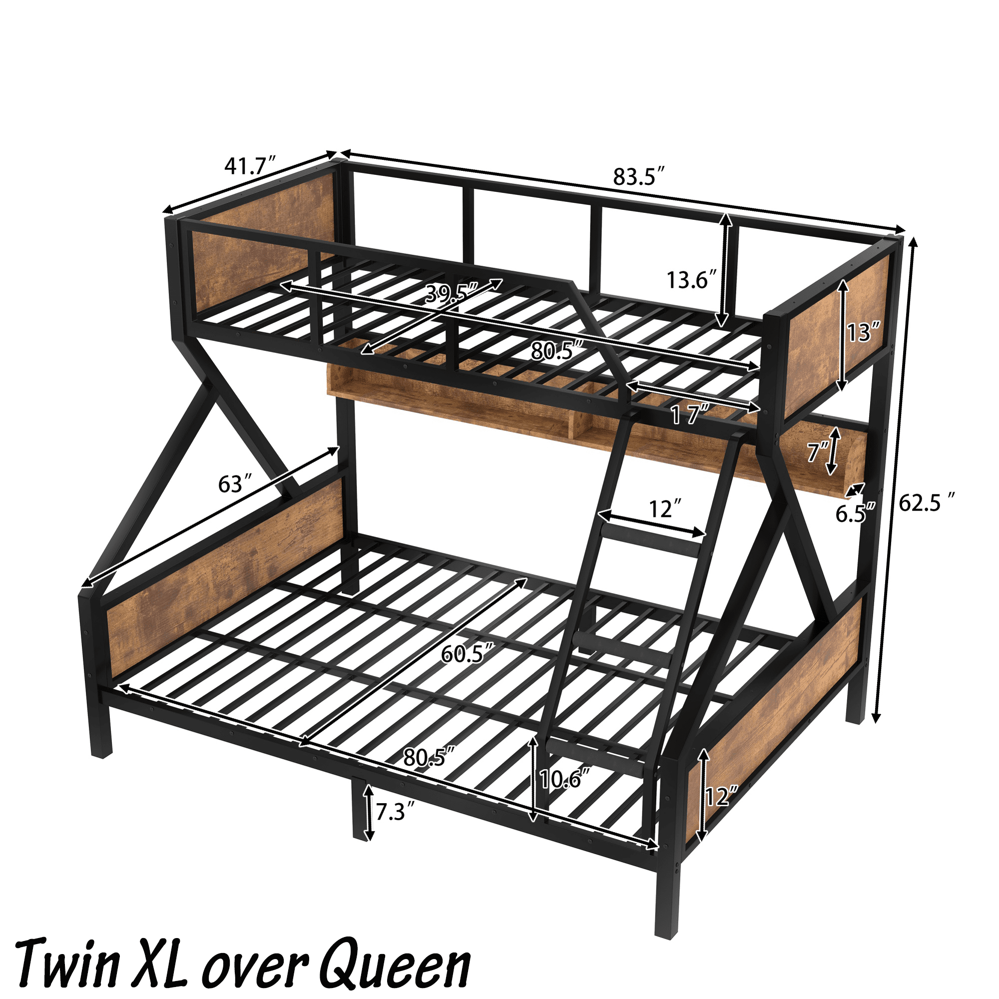 Bellemave® Twin XL Over Queen Bunk Bed with Storage Shelves and LED Lights, Metal Bunk Beds with Ladders, Black - Bellemave