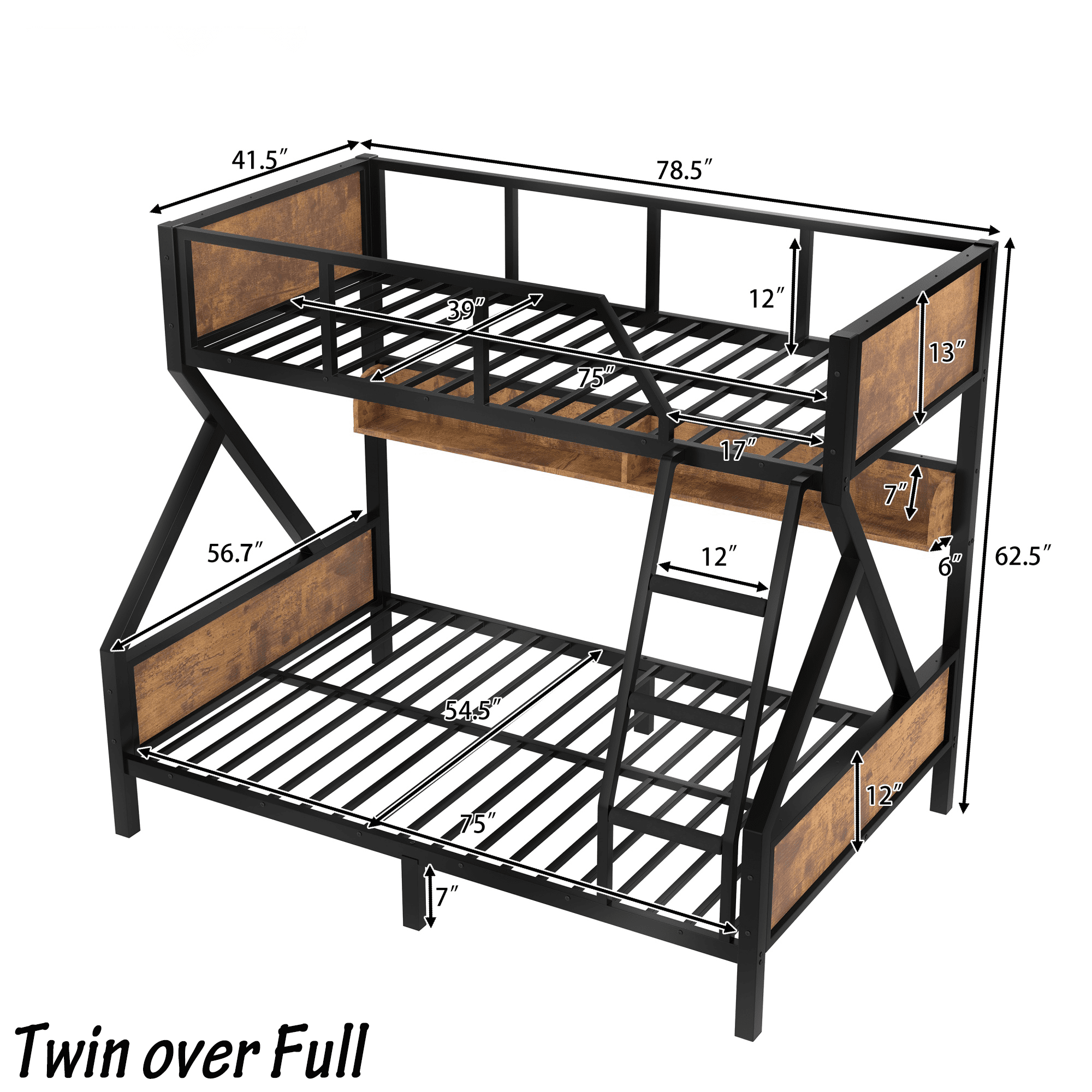 Bellemave® Twin XL Over Queen Bunk Bed with Storage Shelves and LED Lights, Metal Bunk Beds with Ladders, Black - Bellemave