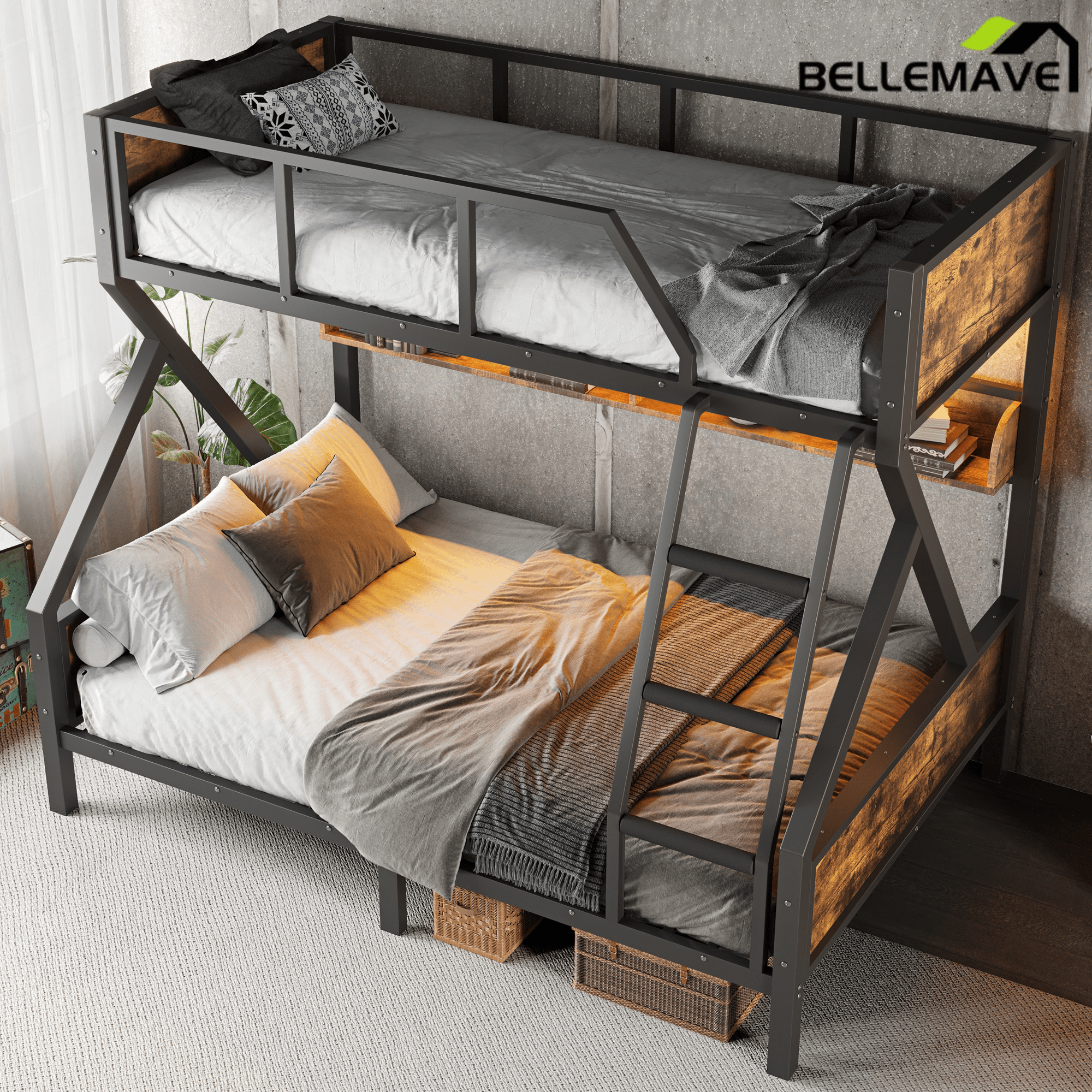 Bellemave® Twin XL Over Queen Bunk Bed with Storage Shelves and LED Lights, Metal Bunk Beds with Ladders, Black - Bellemave