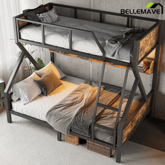 Bellemave® Twin XL Over Queen Bunk Bed with Storage Shelves and LED Lights, Metal Bunk Beds with Ladders, Black - Bellemave