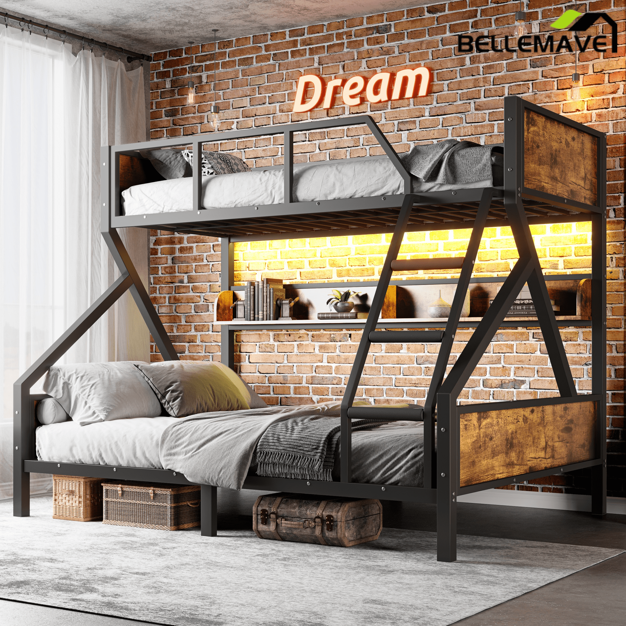 Bellemave® Twin XL Over Queen Bunk Bed with Storage Shelves and LED Lights, Metal Bunk Beds with Ladders, Black - Bellemave