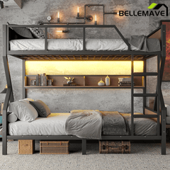 Bellemave® Twin XL Over Queen Bunk Bed with Storage Shelves and LED Lights, Metal Bunk Beds with Ladders, Black - Bellemave