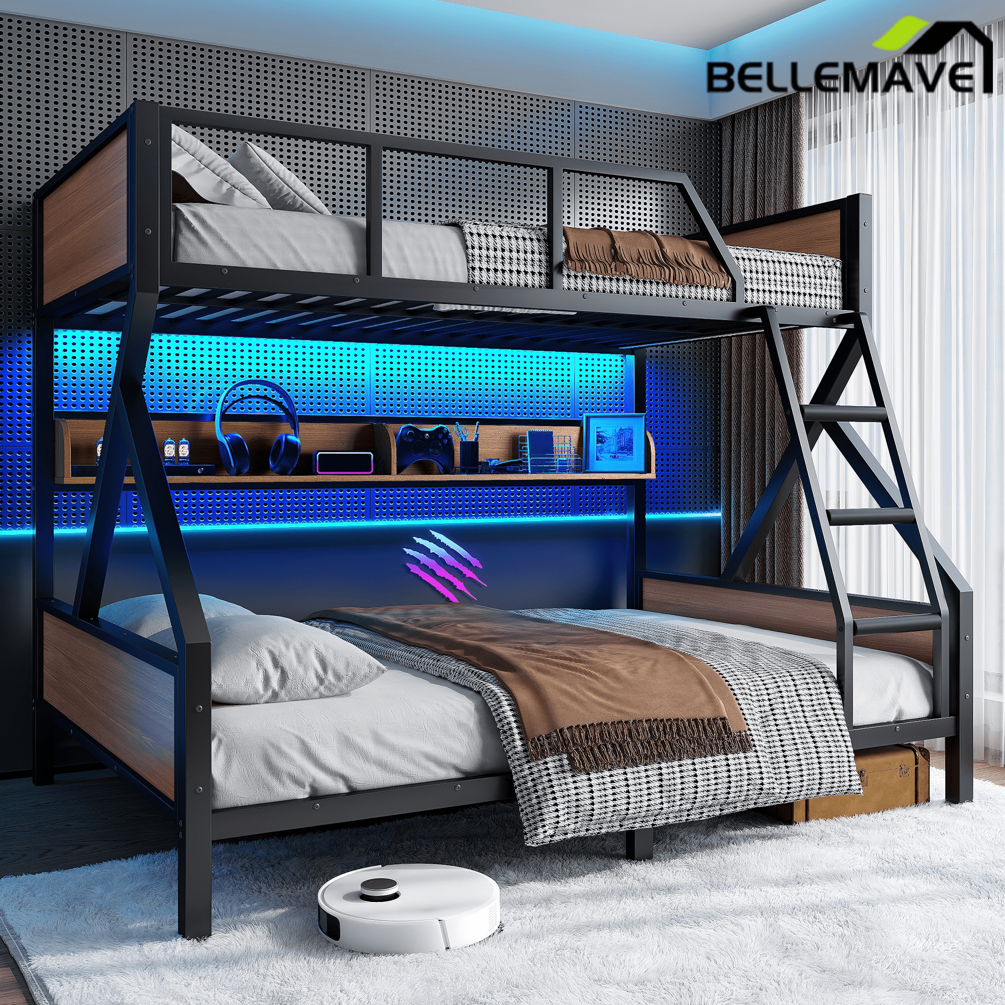 Bellemave® Twin XL Over Queen Bunk Bed with Storage Shelves and LED Lights, Metal Bunk Beds with Ladders, Black - Bellemave