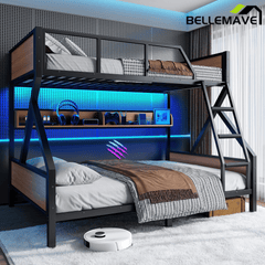 Bellemave® Twin XL Over Queen Bunk Bed with Storage Shelves and LED Lights, Metal Bunk Beds with Ladders, Black - Bellemave