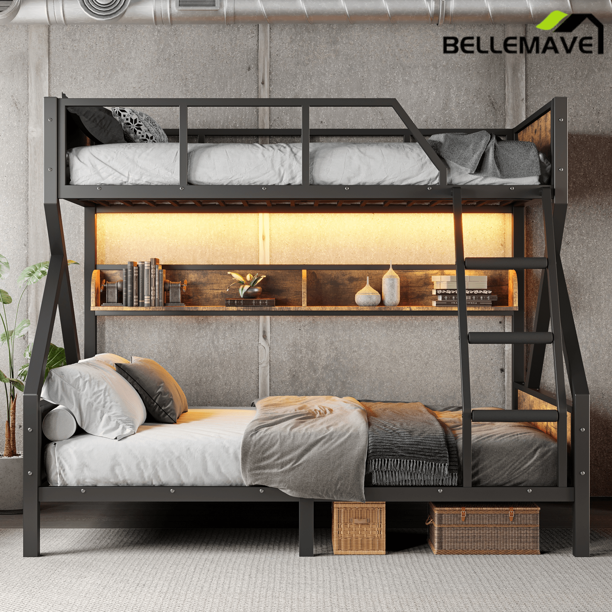 Bellemave® Twin XL Over Queen Bunk Bed with Storage Shelves and LED Lights, Metal Bunk Beds with Ladders, Black - Bellemave