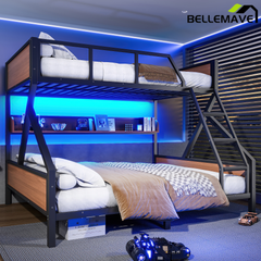 Bellemave® Twin XL Over Queen Bunk Bed with Storage Shelves and LED Lights, Metal Bunk Beds with Ladders, Black - Bellemave