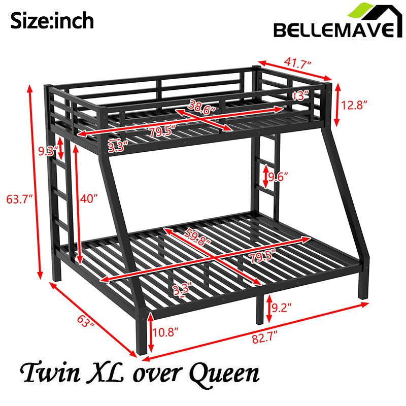 Bellemave® Twin XL over Queen Metal Bunk Bed (Enhanced Slats) - Bellemave